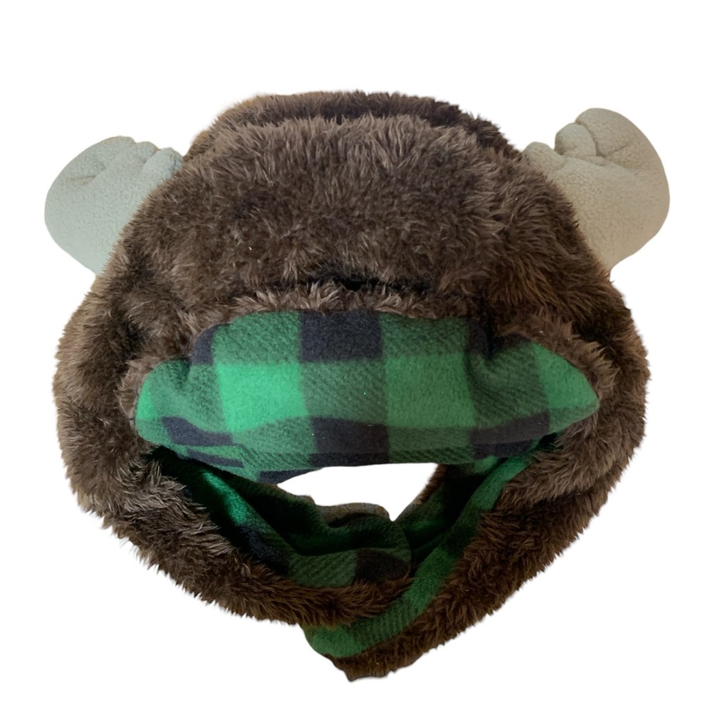 Boys Green & Black Checkered Brown Moose Hat